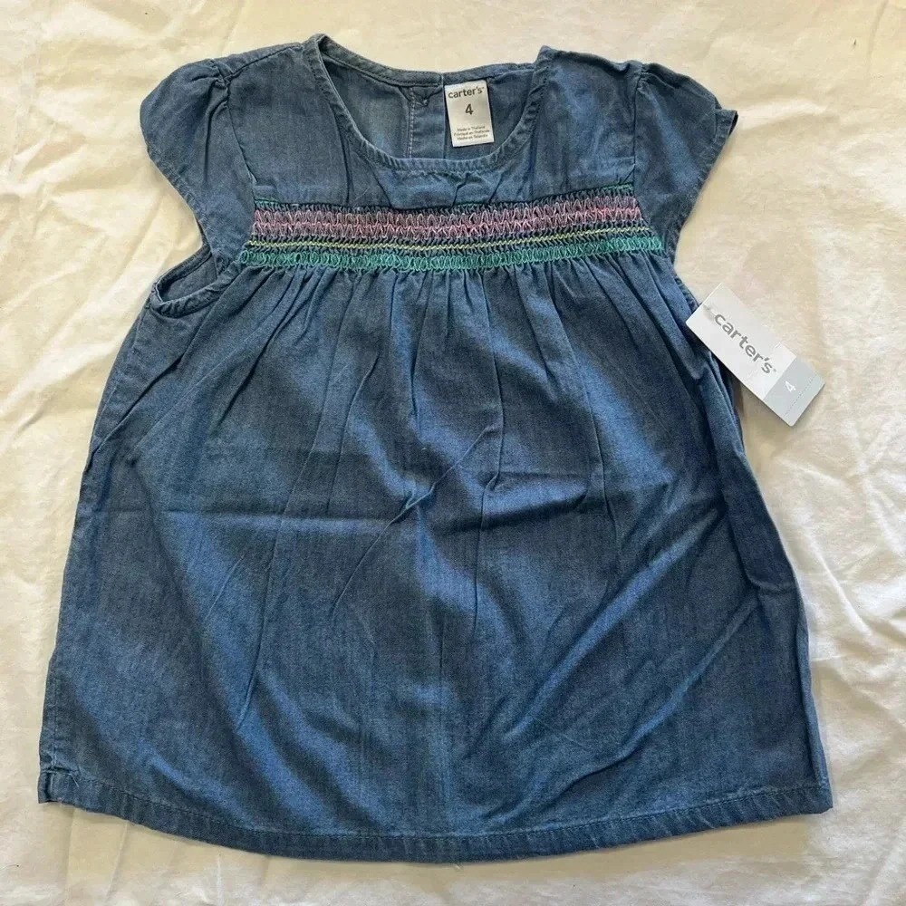 Carter's Chambray Top Kids Size 4‎ Blue NEW Smocked Cotton Denim Cap Sleeve